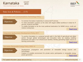 57
57
THE SILICON VALLEY OF INDIA
State Acts & Policies … (1/5)
Information and Communications Technology Policy
2011
• To maintain Karnataka’s leadership in outsourced IT services.
• To retain Karnataka’s position as the state with largest skilled workforce in India for IT
services, Products and R&D.
• To enable Karnataka to be the most preferred destination for MSME (micro, small and
medium enterprises).
Read more
Objectives
For updated information, please visit www.ibef.org STATE ACTS & POLICIES
Karnataka
Integrated Agribusiness Development Policy 2011
• To position Karnataka in a sustained growth path in the field of agricultural and allied
sectors through global technologies and innovative tools, by creating enabling
frameworks and state of art infrastructure facilities, thereby generating higher returns to
farming communities.
Read more
Objective
Karnataka Renewable Energy Policy 2009-14
• Development, propagation and promotion of renewable energy sources and
technologies.
• Creation of suitable environment for private sector participation in renewable energy
power generation.
Read more
Objectives
AUGUST
2012
 