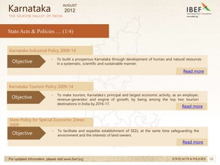 58
58
THE SILICON VALLEY OF INDIA
State Acts & Policies … (1/4)
Karnataka Industrial Policy 2009-14
• To build a prosperous Karnataka through development of human and natural resources
in a systematic, scientific and sustainable manner.
Read more
Objective
Karnataka Tourism Policy 2009-14
• To make tourism, Karnataka’s principal and largest economic activity, as an employer,
revenue-generator and engine of growth, by being among the top two tourism
destinations in India by 2016-17.
Read more
For updated information, please visit www.ibef.org STATE ACTS & POLICIES
Objective
Karnataka
State Policy for Special Economic Zones
2009
• To facilitate and expedite establishment of SEZs, at the same time safeguarding the
environment and the interests of land owners.
Read more
Objective
AUGUST
2012
 