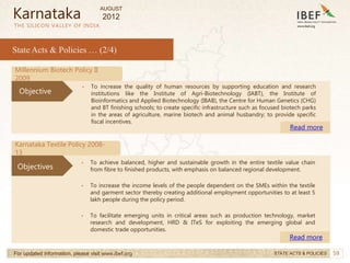 59
59
THE SILICON VALLEY OF INDIA
State Acts & Policies … (2/4)
Millennium Biotech Policy II
2009
• To increase the quality of human resources by supporting education and research
institutions like the Institute of Agri-Biotechnology (IABT), the Institute of
Bioinformatics and Applied Biotechnology (IBAB), the Centre for Human Genetics (CHG)
and BT finishing schools; to create specific infrastructure such as focused biotech parks
in the areas of agriculture, marine biotech and animal husbandry; to provide specific
fiscal incentives.
Read more
For updated information, please visit www.ibef.org STATE ACTS & POLICIES
Objective
Karnataka
Karnataka Textile Policy 2008-
13
• To achieve balanced, higher and sustainable growth in the entire textile value chain
from fibre to finished products, with emphasis on balanced regional development.
• To increase the income levels of the people dependent on the SMEs within the textile
and garment sector thereby creating additional employment opportunities to at least 5
lakh people during the policy period.
• To facilitate emerging units in critical areas such as production technology, market
research and development, HRD & ITeS for exploiting the emerging global and
domestic trade opportunities.
Read more
Objectives
AUGUST
2012
 