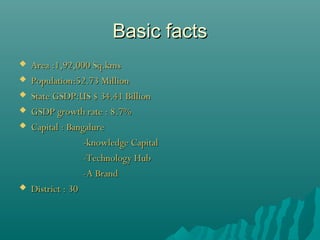 Basic facts








Area :1,92,000 Sq.kms
Population:52.73 Million
State GSDP:US $ 34.41 Billion
GSDP growth rate : ...