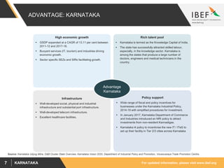 For updated information, please visit www.ibef.orgKARNATAKA7
ADVANTAGE: KARNATAKA
High economic growth
 GSDP expanded at a CAGR of 13.11 per cent between
2011-12 and 2017-18.
 Buoyant services (IT, tourism) and industries driving
economic growth.
 Sector specific SEZs and SIRs facilitating growth.
Rich talent pool
 Karnataka is termed as the Knowledge Capital of India.
 The state has successfully attracted skilled labour,
especially, in the knowledge sector. Karnataka is
among the states that produce a large number of
doctors, engineers and medical technicians in the
country.
Policy support
 Wide range of fiscal and policy incentives for
businesses under the Karnataka Industrial Policy,
2014-19 with simplified procedures for investment.
 In January 2017, Karnataka Department of Commerce
and Industries introduced an NRI policy to attract
investments from non-resident Kannadigas.
 Karnataka i4 policy to incentivise the new IT / ITeS to
set up their facility in Tier 2/3 cities across Karnataka
Infrastructure
 Well-developed social, physical and industrial
infrastructure and substantial port infrastructure.
 Well-developed telecom infrastructure.
 Excellent healthcare facilities.
Advantage
Karnataka
Source: Karnataka Udyog Mitra, D&B Cluster State Overview, Karnataka Vision 2020, Department of Industrial Policy and Promotion, Visvesvaraya Trade Promotion Centre.
 