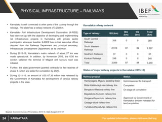 For updated information, please visit www.ibef.orgKARNATAKA24
PHYSICAL INFRASTRUCTURE – RAILWAYS
 Karnataka is well connected to other parts of the country through the
railways. The state has a railway network of 3,250 km.
 Karnataka Rail Infrastructure Development Corporation (K-RIDE)
has been set up with the objective of developing and implementing
rail infrastructure projects in Karnataka with private sector
participation wherever feasible. K-RIDE has a chief executive officer
deputed from the Railways Department and principal secretary,
Infrastructure Development Department, as its chairman.
 During 2015-16, Karnataka’s metro network of about 27 km was
made operational. In addition, by November 2015, the 6.50 km
section between the terminal of Magadi and Mysuru road was
initiated.
 Further, the state government granted contracts for two reaches of
phase II, which are slated for completion by 2020.
 During 2015-16, an amount of US$ 67.36 million was released by
the Government of Karnataka for development of various railway
projects in the state.
Source: Economic Survey of Karnataka, 2015-16, State Budget 2016-17
Type of railway BG (km)
MG
(km)
NG
(km)
Total
(km)
South Central
Railways
268 0 0 268
South Western
Railways
2,516 97 84 2,697
Southern Railways 37 0 0 37
Konkan Railways 248 0 0 248
Total 3,069 97 84 3,250
Railway project Status
Ramanagara-Mysuru doubling track Commissioned for transport
Bidar-Kalaburagi new railway line Completed
Bengaluru-Hasana railway line On stage of completion
Bagalakote-Kuduchi railway line
Approved by Government of
Karnataka; amount released for
land acquisition
Ginigera-Rayachuru railway line
Gadaga-Wadi railway line
TumakuruRayadurga railway line
Karnataka railway network
Status of major railway projects in Karnataka (2015-16)
 