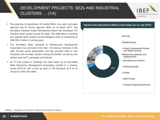 For updated information, please visit www.ibef.orgKARNATAKA34
68%
4%
4%
4%
4%
4%
4%
4%4%
IT/ITeS
Biotechnology
Hi-tech Engineering Products
and related services
Electronics Hardware and
Software/ITES
Aerospace and Industry
Pharmaceuticals
Textile
Multi Product
Precision Engineering Product
DEVELOPMENT PROJECTS: SEZs AND INDUSTRIAL
CLUSTERS … (1/4)
 The state has 25 operational, 40 notified SEZs, one valid in-principle
approval and 61 formal approval SEZs as of March 2017. The
Karnataka Industrial Areas Development Board has developed 141
industrial areas spread across the state. The state plans to develop
and upgrade eight clusters around Bengaluru with an investment of
US$ 348.4 million in coming years.
 The Karnataka State Industrial & Infrastructure Development
Corporation has promoted more than 135 start-up ventures in the
state through equity participation and has provided debt to core
industries such as steel, cement, mining and textiles, as well as new
sectors such as IT, aerospace and telecom.
 An IT Park project in Gulbarga has been taken up by Karnataka
State Electronics Development Corporation Limited in 3 phases,
during 2015-16, with a built up area of 150 thousand sq ft at an
amount of US$ 3.65 million.
Source: : Department of Commerce, Ministry of Commerce & Industry
Sector-wise Operational SEZs In Karnataka (as on July 2016)
 