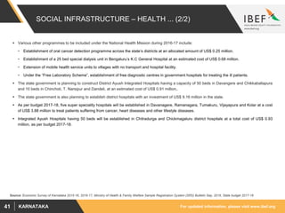 For updated information, please visit www.ibef.orgKARNATAKA41
SOCIAL INFRASTRUCTURE – HEALTH ... (2/2)
 Various other programmes to be included under the National Health Mission during 2016-17 include:
• Establishment of oral cancer detection programme across the state’s districts at an allocated amount of US$ 0.25 million.
• Establishment of a 25 bed special dialysis unit in Bengaluru’s K.C General Hospital at an estimated cost of US$ 0.68 million.
• Extension of mobile health service units to villages with no transport and hospital facility.
• Under the “Free Laboratory Scheme”, establishment of free diagnostic centres in government hospitals for treating the ill patients.
 The state government is planning to construct District Ayush Integrated Hospitals having a capacity of 50 beds in Davangere and Chikkaballapura
and 10 beds in Chincholi, T. Narsipur and Dandeli, at an estimated cost of US$ 0.91 million,.
 The state government is also planning to establish district hospitals with an investment of US$ 9.16 million in the state.
 As per budget 2017-18, five super speciality hospitals will be established in Davanagere, Ramanagara, Tumakuru, Vijayapura and Kolar at a cost
of US$ 3.88 million to treat patients suffering from cancer, heart diseases and other lifestyle diseases.
 Integrated Ayush Hospitals having 50 beds will be established in Chitradurga and Chickmagaluru district hospitals at a total cost of US$ 0.93
million, as per budget 2017-18.
Source: Economic Survey of Karnataka 2015-16, 2016-17, Ministry of Health & Family Welfare Sample Registration System (SRS) Bulletin Sep, 2016, State budget 2017-18
 