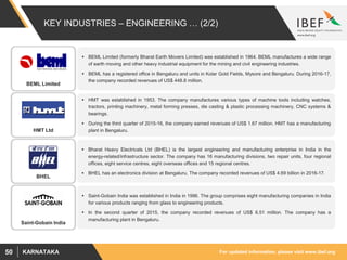 For updated information, please visit www.ibef.orgKARNATAKA50
KEY INDUSTRIES – ENGINEERING … (2/2)
 BEML Limited (formerly Bharat Earth Movers Limited) was established in 1964. BEML manufactures a wide range
of earth moving and other heavy industrial equipment for the mining and civil engineering industries.
 BEML has a registered office in Bengaluru and units in Kolar Gold Fields, Mysore and Bengaluru. During 2016-17,
the company recorded revenues of US$ 448.8 million.
 HMT was established in 1953. The company manufactures various types of machine tools including watches,
tractors, printing machinery, metal forming presses, die casting & plastic processing machinery, CNC systems &
bearings.
 During the third quarter of 2015-16, the company earned revenues of US$ 1.67 million. HMT has a manufacturing
plant in Bengaluru.
 Bharat Heavy Electricals Ltd (BHEL) is the largest engineering and manufacturing enterprise in India in the
energy-related/infrastructure sector. The company has 16 manufacturing divisions, two repair units, four regional
offices, eight service centres, eight overseas offices and 15 regional centres.
 BHEL has an electronics division at Bengaluru. The company recorded revenues of US$ 4.69 billion in 2016-17.
 Saint-Gobain India was established in India in 1996. The group comprises eight manufacturing companies in India
for various products ranging from glass to engineering products.
 In the second quarter of 2015, the company recorded revenues of US$ 6.51 million. The company has a
manufacturing plant in Bengaluru.
BEML Limited
HMT Ltd
Saint-Gobain India
BHEL
 