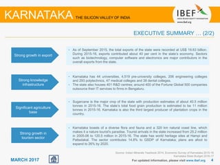 44MARCH 2017 For updated information, please visit www.ibef.org
Source: Indian Minerals Yearbook 2014, Economic Survey of Karnataka 2015-16
Karnataka State Budget 2016-17
Strong growth in export
• As of September 2015, the total exports of the state were recorded at US$ 19.63 billion.
During 2015-16, exports contributed about 40 per cent in the state’s economy. Sectors
such as biotechnology, computer software and electronics are major contributors in the
overall exports from the state.
Strong knowledge
infrastructure
• Karnataka has 44 universities, 4,519 pre-university colleges, 206 engineering colleges
and 293 polytechnics, 47 medical colleges and 38 dental colleges.
• The state also houses 401 R&D centres; around 400 of the Fortune Global 500 companies
outsource their IT services to firms in Bengaluru.
Significant agriculture
base
• Sugarcane is the major crop of the state with production estimates of about 40.5 million
tonnes in 2015-16. The state’s total food grain production is estimated to be 11 million
tonnes in 2015-16. Karnataka is also the third largest producer of plantation crops in the
country.
Strong growth in
tourism sector
• Karnataka boasts of a diverse flora and fauna and a 320 km natural coast line, which
makes it a nature tourist's paradise. Tourist arrivals in the state increased from 25.2 million
in 2005-06 to 120.5 million in 2015-16. The state has world heritage sites at Hampi and
Pattadakal. The sector contributes 14.8% to GSDP of Karnataka; plans are afoot to
expand to 26% by 2020.
EXECUTIVE SUMMARY … (2/2)
KARNATAKA THE SILICON VALLEY OF INDIA
 