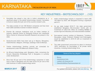 4747MARCH 2017 For updated information, please visit www.ibef.org
KEY INDUSTRIES – BIOTECHNOLOGY … (1/2)
Source: Economic Survey of Karnataka 2015-16
KARNATAKA THE SILICON VALLEY OF INDIA
Karnataka has played a key role in India’s emergence as a
significant player in the global biotechnology industry. Karnataka
is home to nearly 60.0 per cent of the country’s biotech units.
The state consists of over 300 Biotech companies and has more
than 6,800 scientists involved in biotech research.
Premier life sciences institutions such as Indian Institute of
Science, National Centre for Biological Science and Jawaharlal
Nehru Centre for Advanced Scientific Research are present in the
state.
Sector-focused SEZs have been set up in Mysore, Mangalore,
Hubli-Dharwar, Belgaum, Shimoga, Gulbarga, Kolar & Mandya.
Twelve biotechnology finishing schools are scheduled for
development under the Millennium Biotech Policy.
An 86-acre biotechnology park, Bengaluru Helix, comprising the
52-acre Alexandria Knowledge Park in Bengaluru is currently
under development.
More than 60 per cent of the biotechnology companies in India
have a base in Bangalore and the state drives 50 per cent of the
total revenues in India’s biotechnology sector.
Some of the key players
• Biocon
• AstraZeneca India
• Jubilant Life Sciences Ltd
• GlaxoSmithKline Pharmaceuticals Ltd
India’s biotechnology industry is expected to reach US$
100 billion by 2025, with Bangalore forming a significant
part of it.
As per state budget 2016-17, the state government
established Bengaluru Bio-innovation Centre with an
investment of US$ 8.55 million for enabling MSMEs to
access high-end laboratory and instrumentation facilities.
Sub-regional science centres at Vijayapura, Tumakuru,
Davangere, Udupi, Chikkodi, Chittapur and Chikmagalur
would be established in 2015-16 with an investment of
US$ 0.66 million.
The state government announced its plans to introduce
100% reservation for Kannadigas in all private sector
industries, including biotechnology firms.
 