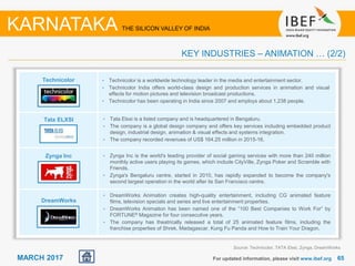 6565MARCH 2017 For updated information, please visit www.ibef.org
KEY INDUSTRIES – ANIMATION … (2/2)
KARNATAKA THE SILICON VALLEY OF INDIA
Technicolor
Tata ELXSI
Zynga Inc
DreamWorks
• Technicolor is a worldwide technology leader in the media and entertainment sector.
• Technicolor India offers world-class design and production services in animation and visual
effects for motion pictures and television broadcast productions.
• Technicolor has been operating in India since 2007 and employs about 1,238 people.
• Tata Elxsi is a listed company and is headquartered in Bengaluru.
• The company is a global design company and offers key services including embedded product
design, industrial design, animation & visual effects and systems integration.
• The company recorded revenues of US$ 164.25 million in 2015-16.
• Zynga Inc is the world's leading provider of social gaming services with more than 240 million
monthly active users playing its games, which include CityVille, Zynga Poker and Scramble with
Friends.
• Zynga's Bengaluru centre, started in 2010, has rapidly expanded to become the company's
second largest operation in the world after its San Francisco centre.
• DreamWorks Animation creates high-quality entertainment, including CG animated feature
films, television specials and series and live entertainment properties.
• DreamWorks Animation has been named one of the “100 Best Companies to Work For” by
FORTUNE® Magazine for four consecutive years.
• The company has theatrically released a total of 25 animated feature films, including the
franchise properties of Shrek, Madagascar, Kung Fu Panda and How to Train Your Dragon.
Source: Technicolor, TATA Elxsi, Zynga, DreamWorks
 
