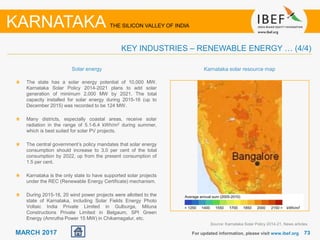 7373MARCH 2017 For updated information, please visit www.ibef.org
KEY INDUSTRIES – RENEWABLE ENERGY … (4/4)
KARNATAKA THE SILICON VALLEY OF INDIA
The state has a solar energy potential of 10,000 MW.
Karnataka Solar Policy 2014-2021 plans to add solar
generation of minimum 2,000 MW by 2021. The total
capacity installed for solar energy during 2015-16 (up to
December 2015) was recorded to be 124 MW.
Many districts, especially coastal areas, receive solar
radiation in the range of 5.1-6.4 kWh/m2 during summer,
which is best suited for solar PV projects.
The central government’s policy mandates that solar energy
consumption should increase to 3.0 per cent of the total
consumption by 2022, up from the present consumption of
1.5 per cent.
Karnataka is the only state to have supported solar projects
under the REC (Renewable Energy Certificate) mechanism.
During 2015-16, 20 wind power projects were allotted to the
state of Karnataka, including Solar Fields Energy Photo
Voltaic India Private Limited in Gulburga, Mituna
Constructions Private Limited in Belgaum, SPI Green
Energy (Amrutha Power 15 MW) in Chikamagalur, etc.
Karnataka solar resource mapSolar energy
Source: Karnataka Solar Policy 2014-21, News articles
 