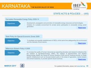 8383MARCH 2017
Millennium Biotech Policy II 2009
Read more
Objective
State Policy for Special Economic Zones 2009
Read more
Objective
For updated information, please visit www.ibef.org
STATE ACTS & POLICIES … (4/6)
KARNATAKA THE SILICON VALLEY OF INDIA
• To facilitate and expedite establishment of SEZs, at the same time safeguarding the environment
and the interests of land owners.
• To increase the quality of human resources by supporting education and research institutions like
the Institute of Agri-Biotechnology (IABT), the Institute of Bioinformatics and Applied
Biotechnology (IBAB), the Centre for Human Genetics (CHG) and BT finishing schools; to create
specific infrastructure such as focused biotech parks in the areas of agriculture, marine biotech
and animal husbandry; to provide specific fiscal incentives.
Karnataka Renewable Energy Policy 2009-14
Read more
Objectives • Development, propagation and promotion of renewable energy resources and technologies.
• Creation of a suitable environment for private sector participation in renewable energy power
generation.
 
