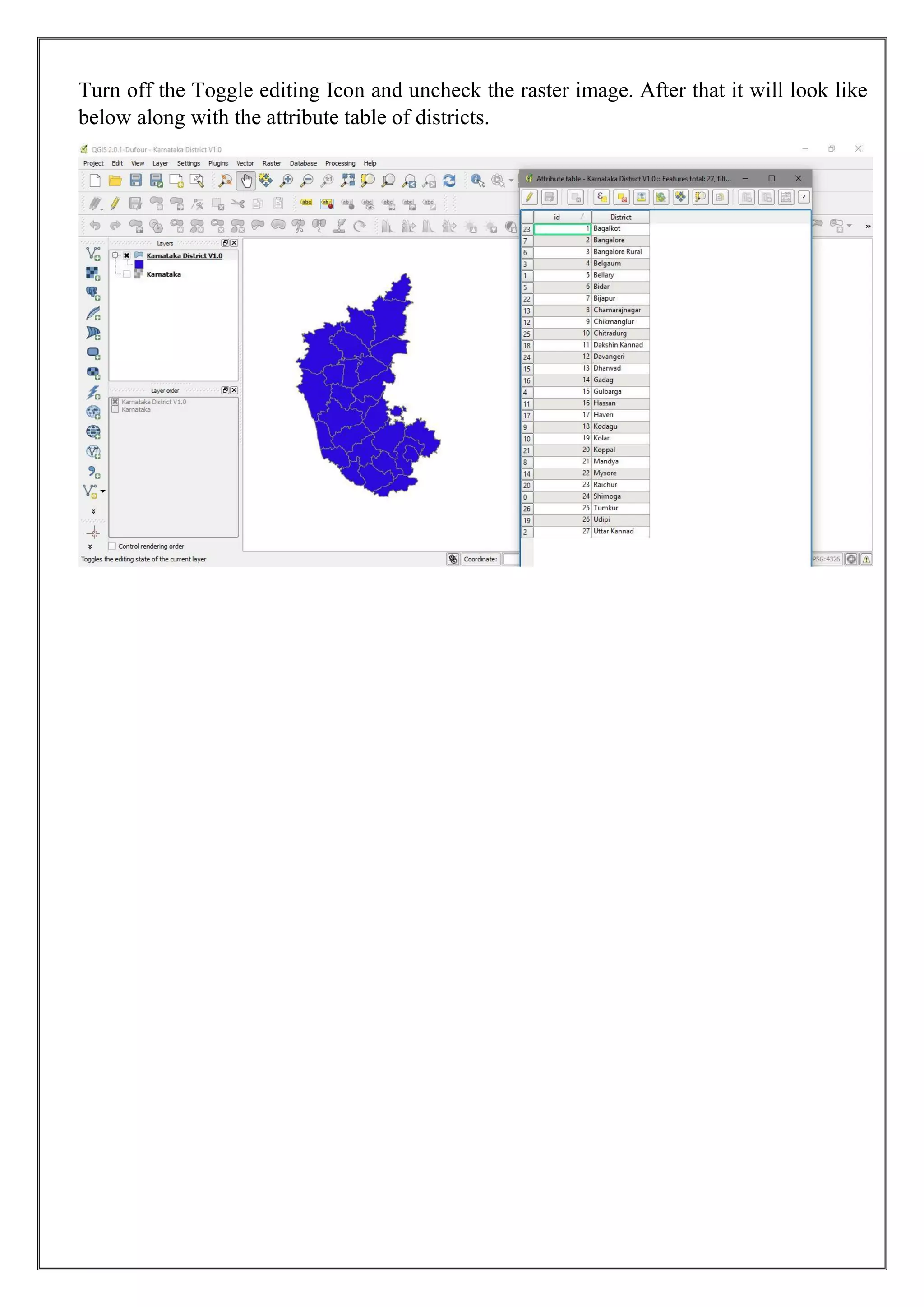 Turn off the Toggle editing Icon and uncheck the raster image. After that it will look like
below along with the attribute table of districts.
 