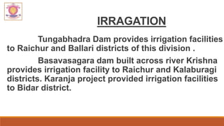 IRRAGATION
Tungabhadra Dam provides irrigation facilities
to Raichur and Ballari districts of this division .
Basavasagara dam built across river Krishna
provides irrigation facility to Raichur and Kalaburagi
districts. Karanja project provided irrigation facilities
to Bidar district.
 