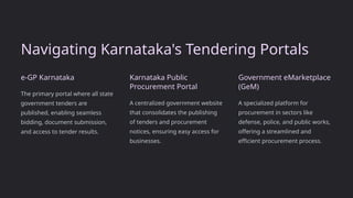 Navigating Karnataka's Tendering Portals
e-GP Karnataka
The primary portal where all state
government tenders are
published, enabling seamless
bidding, document submission,
and access to tender results.
Karnataka Public
Procurement Portal
A centralized government website
that consolidates the publishing
of tenders and procurement
notices, ensuring easy access for
businesses.
Government eMarketplace
(GeM)
A specialized platform for
procurement in sectors like
defense, police, and public works,
offering a streamlined and
efficient procurement process.
 