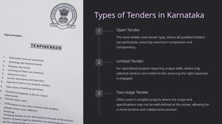 Types of Tenders in Karnataka
1 Open Tender
The most widely used tender type, where all qualified bidders
can participate, ensuring maximum competition and
transparency.
2 Limited Tender
For specialized projects requiring unique skills, where only
selected vendors are invited to bid, ensuring the right expertise
is engaged.
3 Two-stage Tender
Often used in complex projects where the scope and
specifications may not be well-defined at the outset, allowing for
a more iterative and collaborative process.
 