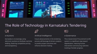 The Role of Technology in Karnataka's Tendering
e-Auctions
Karnataka is increasingly using
electronic auctions to facilitate real-time
bidding, fostering competitive pricing
and transparency.
Artificial Intelligence
Future advancements in the tendering
process will leverage AI-driven analytics
to predict project outcomes and
enhance decision-making.
e-Governance
The e-Government Procurement (e-GP)
system is a significant step toward
digitalization, reducing human
intervention and ensuring real-time
tracking of tender progress.
 