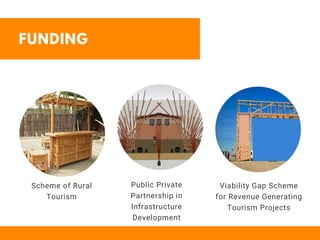 FUNDING
Scheme of Rural
Tourism
Public Private
Partnership in
Infrastructure
Development
Viability Gap Scheme
for Revenue Generating
Tourism Projects
 