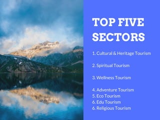 TOP FIVE
SECTORS
1. Cultural & Heritage Tourism
2. Spiritual Tourism
3. Wellness Tourism
4. Adventure Tourism
5. Eco Tourism
6. Edu Tourism
6. Religious Tourism
 
