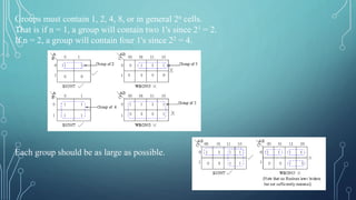 Groups must contain 1, 2, 4, 8, or in general 2n cells.
That is if n = 1, a group will contain two 1's since 21 = 2.
If n = 2, a group will contain four 1's since 22 = 4.
Each group should be as large as possible.
 