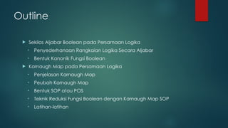 Outline
 Sekilas Aljabar Boolean pada Persamaan Logika
• Penyederhanaan Rangkaian Logika Secara Aljabar
• Bentuk Kanonik Fungsi Boolean
 Karnaugh Map pada Persamaan Logika
• Penjelasan Karnaugh Map
• Peubah Karnaugh Map
• Bentuk SOP atau POS
• Teknik Reduksi Fungsi Boolean dengan Karnaugh Map SOP
• Latihan-latihan
 