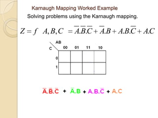 Karnaugh Mapping Worked Example
    Solving problems using the Karnaugh mapping.

Z     f A, B, C       A.B.C A.B A.B.C AC
                                       .
 