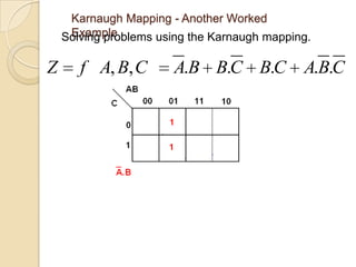 Karnaugh Mapping - Another Worked
     Example
    Solving problems using the Karnaugh mapping.

Z      f A, B, C       A.B B.C B.C A.B.C
 