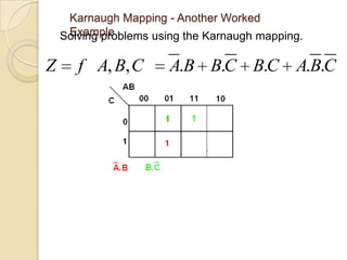 Karnaugh Mapping - Another Worked
     Example
    Solving problems using the Karnaugh mapping.

Z      f A, B, C       A.B B.C B.C A.B.C
 
