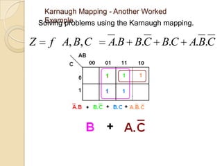 Karnaugh Mapping - Another Worked
     Example
    Solving problems using the Karnaugh mapping.

Z      f A, B, C       A.B B.C B.C A.B.C
 