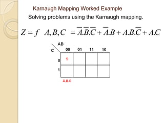 Karnaugh Mapping Worked Example
    Solving problems using the Karnaugh mapping.

Z     f A, B, C       A.B.C A.B A.B.C AC
                                       .
 