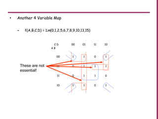 • Another 4 Variable Map
– f(A,B,C,D) = Σm(0,1,2,5,6,7,8,9,10,13,15)
C D
A B
00 01 11 10
00 1 1 0 1
01 0 1 1 1
11 0 1 1 0
10 1 1 0 1
These are not
essential!
 