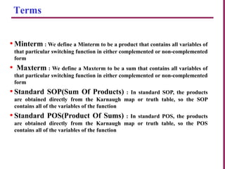 Terminology
•Minterm : We define a Minterm to be a product that contains all variables of
that particular switching function in either complemented or non-complemented
form
• Maxterm : We define a Maxterm to be a sum that contains all variables of
that particular switching function in either complemented or non-complemented
form
•Standard SOP(Sum Of Products) : In standard SOP, the products
are obtained directly from the Karnaugh map or truth table, so the SOP
contains all of the variables of the function
•Standard POS(Product Of Sums) : In standard POS, the products
are obtained directly from the Karnaugh map or truth table, so the POS
contains all of the variables of the function
5
Terms
 
