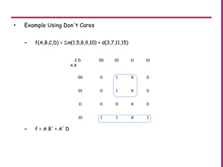 • Example Using Don't Cares
– f(A,B,C,D) = Σm(1,5,8,9,10) + d(3,7,11,15)
– f = A B' + A' D
C D
A B
00 01 11 10
00 0 1 X 0
01 0 1 X 0
11 0 0 X 0
10 1 1 X 1
 