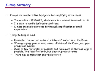K-map Summary
• K-maps are an alternative to algebra for simplifying expressions
– The result is a MSP/MPS, which leads to a minimal two-level circuit
– It’s easy to handle don’t-care conditions
– K-maps are really only good for manual simplification of small
expressions...
• Things to keep in mind:
– Remember the correct order of minterms/maxterms on the K-map
– When grouping, you can wrap around all sides of the K-map, and your
groups can overlap
– Make as few rectangles as possible, but make each of them as large as
possible. This leads to fewer, but simpler, product terms
– There may be more than one valid solution
 