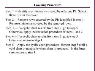 Covering Procedure
Step 1 -- Identify any minterms covered by only one PI. Select
these PIs for the cover.
Step 2 -- Remove rows covered by the PIs identified in step 1.
Remove minterms covered by the removed rows.
Step 3 -- If a cyclic chart results from step 2, go to step 5.
Otherwise, apply the reduction procedure of steps 1 and 2.
Step 4 -- If a cyclic chart results from step 3, go to step 5.
Otherwise return to step 1.
Step 5 -- Apply the cyclic chart procedure. Repeat step 5 until a
void chart or noncyclic chart chart is produced. In the latter
case, return to step 1.
 