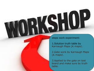 steps work experiment:
1.Solution truth table by 
Karnaugh MapsKarnaugh Maps  (K maps).(K maps).
2.2.Gate work by Karnaugh MapsGate work by Karnaugh Maps  
(K maps).(K maps).
3.3.Applied to the gate on test Applied to the gate on test 
board and make sure by truth board and make sure by truth 
table.table.
16
 