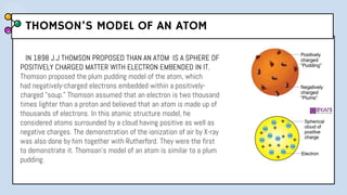 THOMSON’S MODEL OF AN ATOM
IN 1898 J.J THOMSON PROPOSED THAN AN ATOM IS A SPHERE OF
POSITIVELY CHARGED MATTER WITH ELECTRON EMBENDED IN IT.
Thomson proposed the plum pudding model of the atom, which
had negatively-charged electrons embedded within a positively-
charged "soup." Thomson assumed that an electron is two thousand
times lighter than a proton and believed that an atom is made up of
thousands of electrons. In this atomic structure model, he
considered atoms surrounded by a cloud having positive as well as
negative charges. The demonstration of the ionization of air by X-ray
was also done by him together with Rutherford. They were the first
to demonstrate it. Thomson’s model of an atom is similar to a plum
pudding.
 