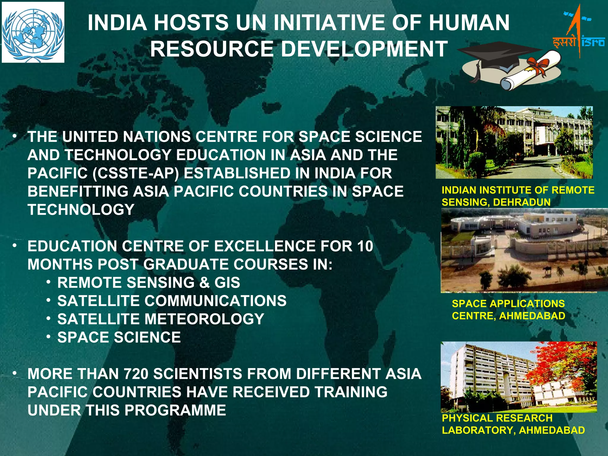 INDIA HOSTS UN INITIATIVE OF HUMAN RESOURCE DEVELOPMENT PHYSICAL RESEARCH LABORATORY, AHMEDABAD THE UNITED NATIONS CENTRE FOR SPACE SCIENCE AND TECHNOLOGY EDUCATION IN ASIA AND THE PACIFIC (CSSTE-AP) ESTABLISHED IN INDIA FOR BENEFITTING ASIA PACIFIC COUNTRIES IN SPACE TECHNOLOGY EDUCATION CENTRE OF EXCELLENCE FOR 10 MONTHS POST GRADUATE COURSES IN: REMOTE SENSING & GIS SATELLITE COMMUNICATIONS SATELLITE METEOROLOGY SPACE SCIENCE MORE THAN 720 SCIENTISTS FROM DIFFERENT ASIA PACIFIC COUNTRIES HAVE RECEIVED TRAINING UNDER THIS PROGRAMME INDIAN INSTITUTE OF REMOTE SENSING, DEHRADUN  SPACE APPLICATIONS CENTRE, AHMEDABAD  