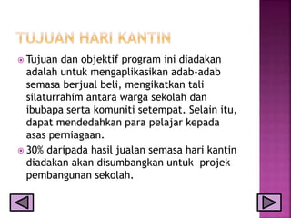  Tujuan dan objektif program ini diadakan
adalah untuk mengaplikasikan adab-adab
semasa berjual beli, mengikatkan tali
silaturrahim antara warga sekolah dan
ibubapa serta komuniti setempat. Selain itu,
dapat mendedahkan para pelajar kepada
asas perniagaan.
 30% daripada hasil jualan semasa hari kantin
diadakan akan disumbangkan untuk projek
pembangunan sekolah.
 
