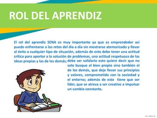 GC-F-004 V.01
ROL DEL APRENDIZ
debe ser solidario esto quiere decir que no
solo busque el bien propio sino también el
de los demás, que deje llevar sus principios
y valores, comprometido con la sociedad y
el entorno; además de esto tiene que ser
líder, que se atreva a ser creativo a impulsar
un cambio constante.
El rol del aprendiz SENA es muy importante ya que es emprendedor así
puede enfrentarse a los retos del día a día sin mostrarse atemorizado y llevar
al éxito a cualquier tipo de situación, además de esto debe tener una actitud
crítica para aportar a la solución de problemas, una actitud respetuosa de las
ideas propias y las de los demás;
 