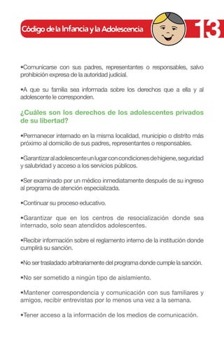 13
•Comunicarse con sus padres, representantes o responsables, salvo
prohibición expresa de la autoridad judicial.

•A que su familia sea informada sobre los derechos que a ella y al
adolescente le corresponden.

¿Cuáles son los derechos de los adolescentes privados
de su libertad?

•Permanecer internado en la misma localidad, municipio o distrito más
próximo al domicilio de sus padres, representantes o responsables.

•Garantizar al adolescente un lugar con condiciones de higiene, seguridad
y salubridad y acceso a los servicios públicos.

•Ser examinado por un médico inmediatamente después de su ingreso
al programa de atención especializada.

•Continuar su proceso educativo.

•Garantizar que en los centros de resocialización donde sea
internado, solo sean atendidos adolescentes.

•Recibir información sobre el reglamento interno de la institución donde
cumplirá su sanción.

•No ser trasladado arbitrariamente del programa donde cumple la sanción.

•No ser sometido a ningún tipo de aislamiento.

•Mantener correspondencia y comunicación con sus familiares y
amigos, recibir entrevistas por lo menos una vez a la semana.

•Tener acceso a la información de los medios de comunicación.
 