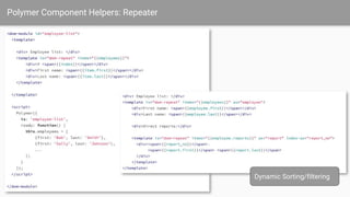 Polymer Component Helpers: Repeater
Dynamic Sorting/filtering
 