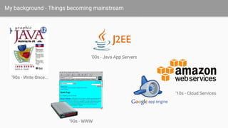 My background - Things becoming mainstream
‘90s - Write Once...
‘90s - WWW
‘00s - Java App Servers
‘10s - Cloud Services
 