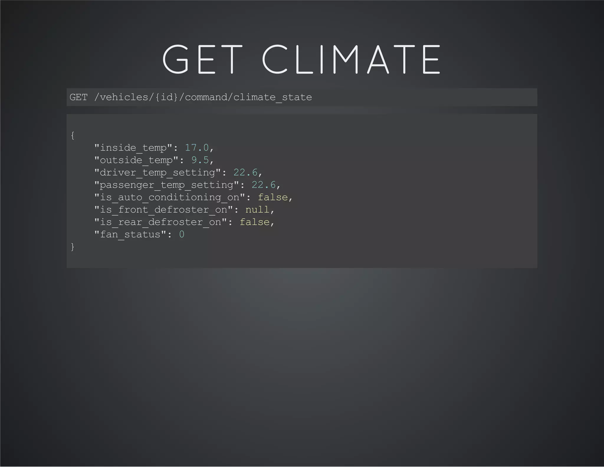 GET CLIMATE
GET/vehicles/{id}/command/climate_state
{
"inside_temp":17.0,
"outside_temp":9.5,
"driver_temp_setting":22.6,
"passenger_temp_setting":22.6,
"is_auto_conditioning_on":false,
"is_front_defroster_on":null,
"is_rear_defroster_on":false,
"fan_status":0
}
 