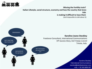 Karoline Steckley
International Communications
karoline@steckleykorenpr.com
mob. + 39 349 8666 667
Missing the Fertility train?
Italian Lifestyle, social structure, economy and how the country that loves
kids
is making it difficult to have them
(and impossible to talk about it)
Karoline Jeane Steckley
Freelance Consultant, International Communications
IVF Success Story, Can’t keep a secret
Trieste, Italy
Shhhhhhhh!
Can’t stay long.
Don’t mind me!
Just pretend
I’m not here!
Don’t tell anyone
you saw me here,
ok?!
 