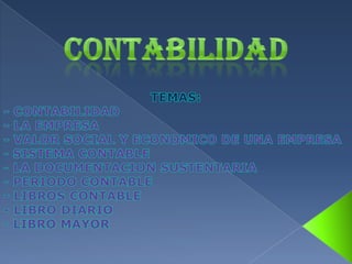 CONTABILIDAD TEMAS:  -CONTABILIDAD - LA EMPRESA - VALOR SOCIAL Y ECONOMICO DE UNA EMPRESA ,[object Object]