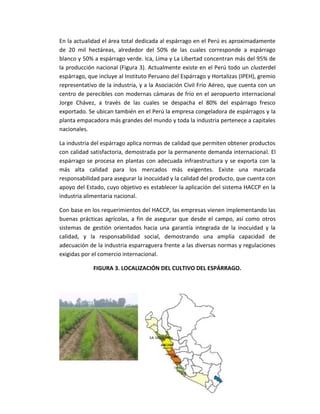 En la actualidad el área total dedicada al espárrago en el Perú es aproximadamente
de 20 mil hectáreas, alrededor del 50% de las cuales corresponde a espárrago
blanco y 50% a espárrago verde. Ica, Lima y La Libertad concentran más del 95% de
la producción nacional (Figura 3). Actualmente existe en el Perú todo un clusterdel
espárrago, que incluye al Instituto Peruano del Espárrago y Hortalizas (IPEH), gremio
representativo de la industria, y a la Asociación Civil Frío Aéreo, que cuenta con un
centro de perecibles con modernas cámaras de frío en el aeropuerto internacional
Jorge Chávez, a través de las cuales se despacha el 80% del espárrago fresco
exportado. Se ubican también en el Perú la empresa congeladora de espárragos y la
planta empacadora más grandes del mundo y toda la industria pertenece a capitales
nacionales.
La industria del espárrago aplica normas de calidad que permiten obtener productos
con calidad satisfactoria, demostrada por la permanente demanda internacional. El
espárrago se procesa en plantas con adecuada infraestructura y se exporta con la
más alta calidad para los mercados más exigentes. Existe una marcada
responsabilidad para asegurar la inocuidad y la calidad del producto, que cuenta con
apoyo del Estado, cuyo objetivo es establecer la aplicación del sistema HACCP en la
industria alimentaria nacional.
Con base en los requerimientos del HACCP, las empresas vienen implementando las
buenas prácticas agrícolas, a fin de asegurar que desde el campo, así como otros
sistemas de gestión orientados hacia una garantía integrada de la inocuidad y la
calidad, y la responsabilidad social, demostrando una amplia capacidad de
adecuación de la industria esparraguera frente a las diversas normas y regulaciones
exigidas por el comercio internacional.
FIGURA 3. LOCALIZACIÓN DEL CULTIVO DEL ESPÁRRAGO.
 