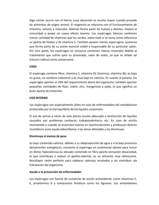 Algo similar ocurre con el hierro, cuya absorción es mucho mayor cuando procede
de alimentos de origen animal. El magnesio se relaciona con el funcionamiento de
intestino, nervios y músculos. Además forma parte de huesos y dientes, mejora la
inmunidad y posee un suave efecto laxante. Los espárragos blancos contienen
menor cantidad de vitaminas que los verdes, sobre todo si se toma como referencia
su aporte de folatos y de vitamina C. También poseen menos asparragina, sustancia
que forma parte de su aceite esencial volátil y responsable de su particular sabor.
Por otra parte, los espárragos en conserva contienen menos minerales debido al
tratamiento que sufren para su procesado, salvo de sodio, ya que se añade sal
(cloruro sódico) como conservante.
USOS
El espárrago contiene fibra, vitamina C, vitamina B1 (tiamina), vitamina B6; es bajo
en grasa, no contiene colesterol y es muy bajo en calorías. En cuanto al potasio, los
espárragos aportan el 10% del requerimiento diario del organismo; también aportan
pequeñas cantidades de flúor, cobre, zinc, manganeso y yodo, lo que significa un
buen aporte de minerales.
USO INTERNO
Los espárragos son especialmente útiles en caso de enfermedades del metabolismo
producidas por el mal equilibrio de los líquidos corporales.
El uso de yemas y raíces de esta planta resulta adecuado a laretención de líquidos
causados por problemas cardiacos, trabajosedentario, etc. En caso de artritis
reumatoide o cuando se acumulan toxinas en lasarticulaciones y produzcan dolores
reumáticos, pues ayuda adesinflamar a las zonas afectadas y las disminuye.
Disminuye el exceso de peso
Su bajo contenido calórico, debido a su altaproporción de agua y a la baja presencia
denutrientes energéticos, convierte al espárrago en unalimento idóneo para incluir
en dietas hipocalóricas.Su elevado contenido en fibra aporta sensación desaciedad,
lo que contribuye a reducir el apetito.Además, es un alimento muy refrescante.
Resultapor tanto perfecto para elaborar sabrosas ensaladas y así contribuir ala
hidratación del organismo.
Ayuda a la prevención de enfermedades
Los espárragos son fuente de sustancias de acción antioxidante, como vitaminas C,
E, provitamina A y compuestos fenólicos como los lignanos. Los antioxidantes
 