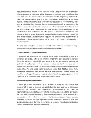 bloquean el efecto dañino de los radicales libres. La respiración en presencia de
oxígeno es esencial en la vida celular de nuestroorganismo, pero también produce
unas moléculas, los radicaleslibres, que ocasionan efectos negativos para la salud a
través de sucapacidad de alterar el ADN (los genes), las proteínas y los lípidos
ograsas. Existen situaciones que aumentan la producción de radicaleslibres, entre
ellas el ejercicio físico intenso, la contaminaciónambiental, el tabaquismo, las
infecciones, el estrés, dietas ricas engrasas y la sobre exposición al sol. La acción de
los antioxidantes enla prevención de enfermedades cardiovasculares es hoy
unaafirmación bien sustentada. Se sabe que es la modificación delllamado "mal
colesterol" (LDL-c) la que desempeña un papelfundamental en el inicio y desarrollo
de la aterosclerosis. Losantioxidantes bloquean los radicales libres que modifican el
llamadomal colesterol.Contribuyen así a reducir el riesgo cardiovascular y
cerebrovascular.
Por otro lado, unos bajos niveles de antioxidantesconstituyen un factor de riesgo
para ciertos tipos de cáncer y deenfermedades degenerativas.
Favorece a mujeres embarazadas y niños
El espárrago es aconsejable en la dieta de la mujer embarazada gracias a su
contenido en folatos. Ésta es una vitamina importante para asegurar el correcto
desarrollo del tubo neural del feto, sobre todo en las primeras semanas de
gestación. Su deficiencia puede provocaren el futuro bebé enfermedades como la
espina bífida o laanencefalia. Los requerimientos de folatos son superiores también
enlos niños. Por esta causa, incluir espárragos en su dieta habitual esuna forma
interesante de prevenir deficiencias. Hay que tener encuenta que los folatos son
sensibles al calor, por lo que su cocciónconviene hacerla con poco agua y en la olla
rápida con el fin deminimizar las pérdidas de este nutriente.
Potente de depurativo y diurético
El espárrago es rico en potasio y pobre ensodio (a excepción de los espárragos
enconserva), lo que le confiere una accióndiurética que favorece la eliminación
delexceso de líquidos del organismo. Sonbeneficiosos en caso de
hipertensión,retención de líquidos y cálculos renales, aexcepción de los provocados
por sales de ácido úrico debido a su altocontenido en purinas. Con el aumento de la
producción de orina seeliminan, además de líquidos, sustancias de desecho disueltas
en ella.En el caso de los espárragos en conserva, su elevado contenido ensal hace
que pierdan su acción diurética y, por tanto, su consumo noserá recomendable en
caso de hipertensión y retención de líquidos.
 