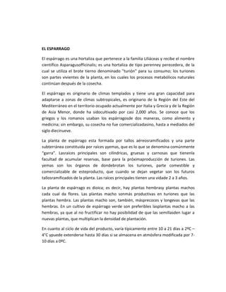 EL ESPARRAGO
El espárrago es una hortaliza que pertenece a la familia Liliáceas y recibe el nombre
científico Asparagusofficinalis; es una hortaliza de tipo perenney perecedera, de la
cual se utiliza el brote tierno denominado "turión" para su consumo; los turiones
son partes vivientes de la planta, en los cuales los procesos metabólicos naturales
continúan después de la cosecha.
El espárrago es originario de climas templados y tiene una gran capacidad para
adaptarse a zonas de climas subtropicales, es originario de la Región del Este del
Mediterráneo en el territorio ocupado actualmente por Italia y Grecia y de la Región
de Asia Menor, donde ha sidocultivado por casi 2,000 años. Se conoce que los
griegos y los romanos usaban los espárragosde dos maneras, como alimento y
medicina; sin embargo, su cosecha no fue comercializadasino, hasta a mediados del
siglo diecinueve.
La planta de espárrago esta formada por tallos aéreosramificados y una parte
subterránea constituida por raíces yyemas, que es lo que se denomina comúnmente
“garra”. Lasraíces principales son cilíndricas, gruesas y carnosas que tienenla
facultad de acumular reservas, base para la próximaproducción de turiones. Las
yemas son los órganos de dondebrotan los turiones, parte comestible y
comercializable de esteproducto, que cuando se dejan vegetar son los futuros
tallosramificados de la planta. Las raíces principales tienen una vidade 2 a 3 años.
La planta de espárrago es dioica; es decir, hay plantas hembrasy plantas machos
cada cual da flores. Las plantas macho sonmás productivas en turiones que las
plantas hembra. Las plantas macho son, también, másprecoces y longevas que las
hembras. En un cultivo de espárrago verde son preferibles lasplantas macho a las
hembras, ya que al no fructificar no hay posibilidad de que las semillasden lugar a
nuevas plantas, que multiplican la densidad de plantación.
En cuanto al ciclo de vida del producto, varía típicamente entre 10 a 21 días a 2ºC –
4°C ypuede extenderse hasta 30 días si se almacena en atmósfera modificada por 7-
10 días a 0ºC.
 