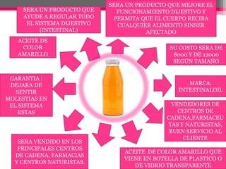 SERA UN PRODUCTO QUE MEJORE EL FUNCIONAMIENTO DIJESTIVO Y PERMITA QUE EL CUERPO RECIBA CUALQUIER ALIMENTO SINSER AFECTADOSERA UN PRODUCTO QUE AYUDE A REGULAR TODO EL SISTEMA DIJESTIVO (INTESTINAL)ACEITE DE COLOR AMARILLOSU COSTO SERA DE 8000 Y DE 12000 SEGÚN TAMAÑOGARANTIA : DEJARA DE SENTIR MOLESTIAS EN EL SISTEMA ESTAS MARCA:INTESTINALOILVENDEDORES DE CENTROS DE CADENA,FARMACEUTAS Y NATURISTAS, BUEN SERVICIO AL CLIENTESERA VENDIDO EN LOS PRINCIPALES CENTROS DE CADENA, FARMACIAS Y CENTROS NATURISTAS.ACEITE  DE COLOR AMARILLO QUE VIENE EN BOTELLA DE PLASTICO O DE VIDRIO TRANSPARENTE