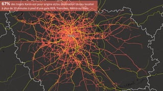 67% des trajets Karos ont pour origine et/ou destination un lieu localisé
à plus de 10 minutes à pied d’une gare RER, Transilien, Métro ou Tram.
 